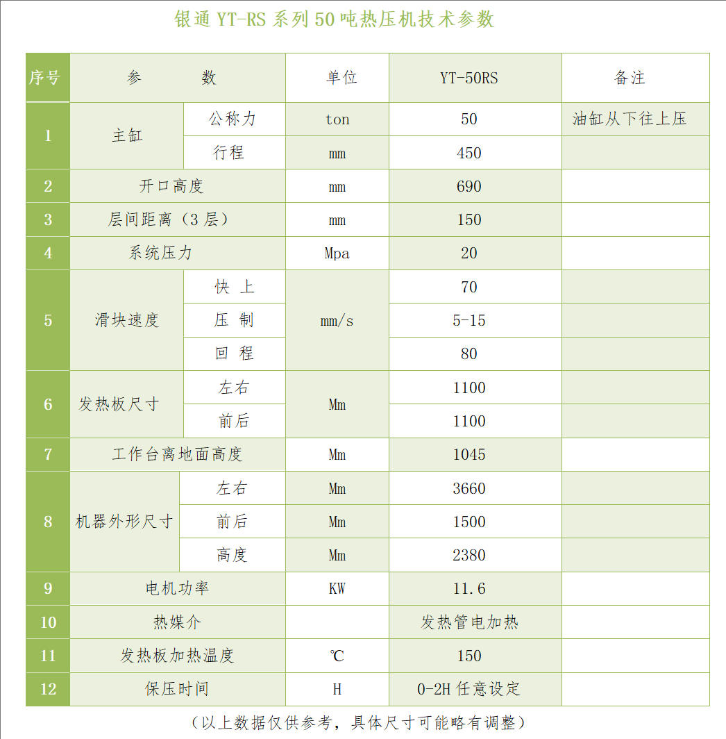 銀通50噸多層熱壓機技術參數